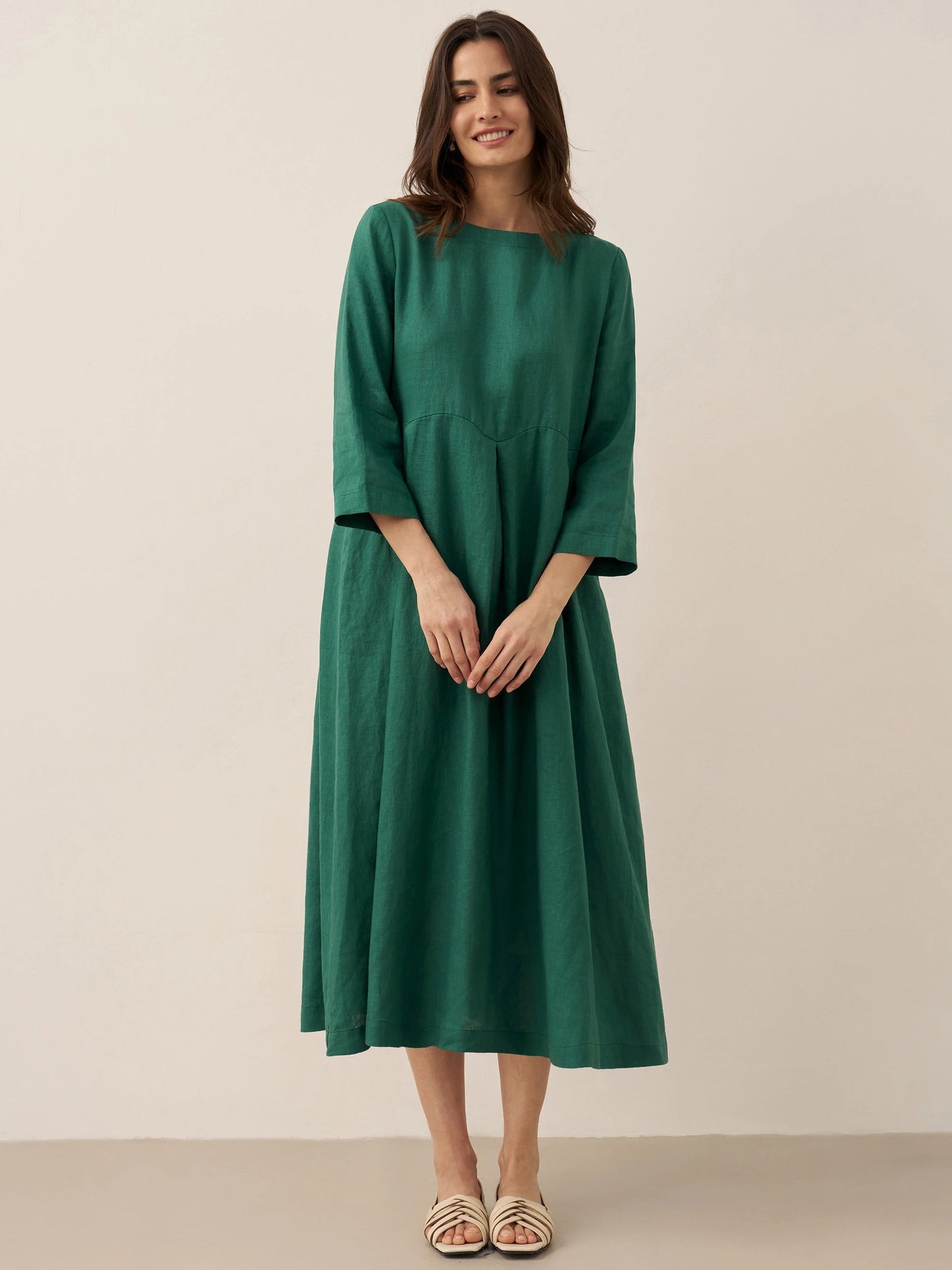 Damen-Midikleid aus Leinen mit U-Boot-Ausschnitt und Falten-Midi Dress-Alpenkind
