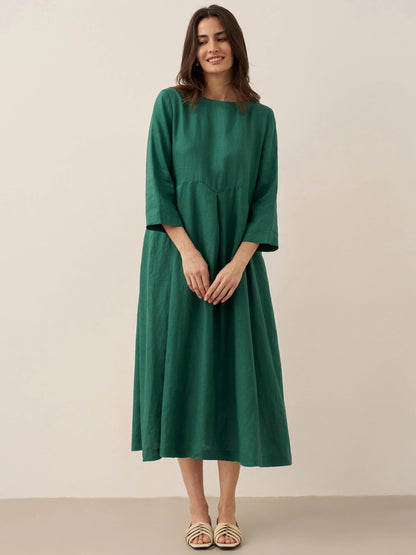 Damen-Midikleid aus Leinen mit U-Boot-Ausschnitt und Falten-Midi Dress-Alpenkind