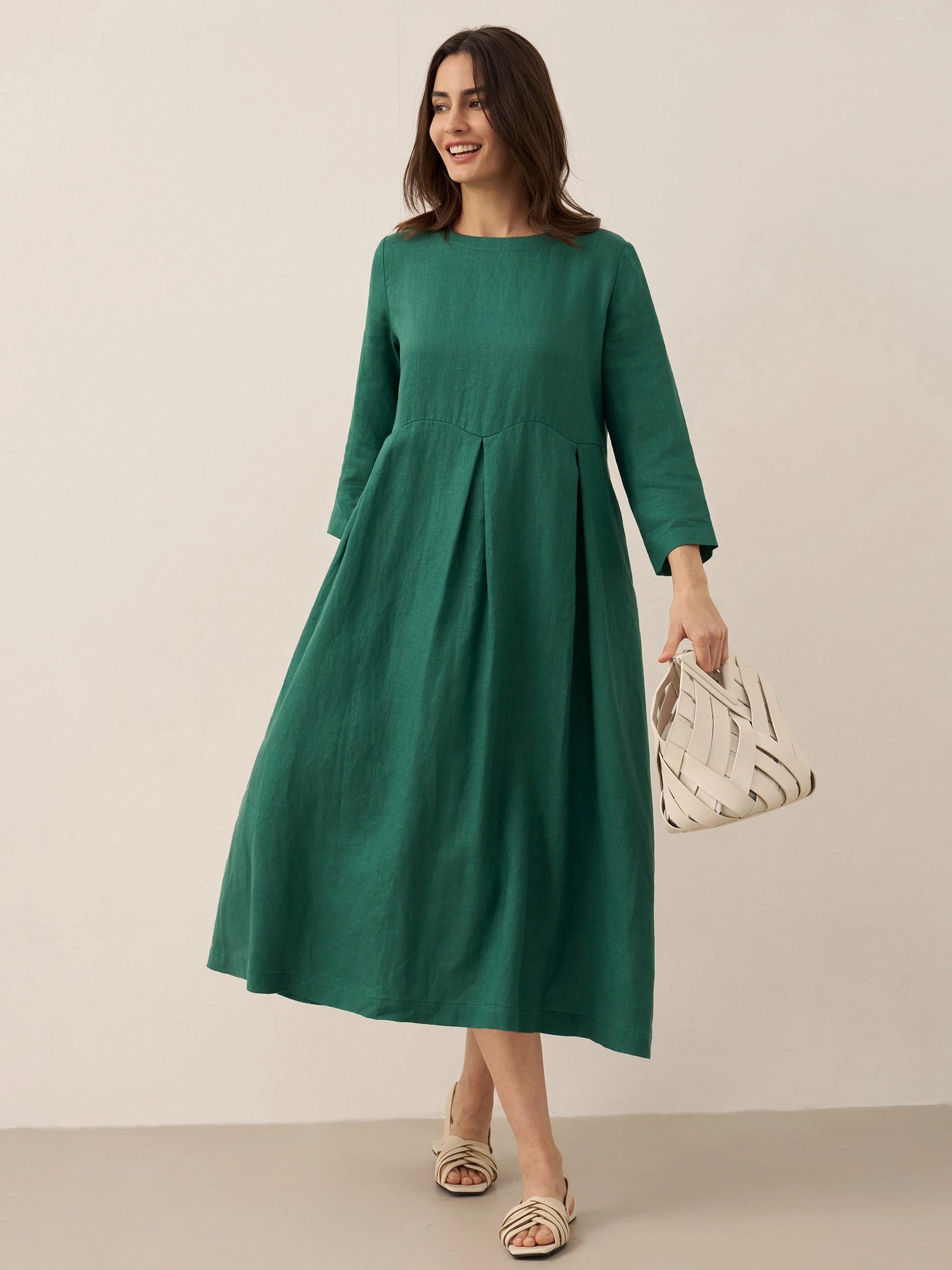 Damen-Midikleid aus Leinen mit U-Boot-Ausschnitt und Falten-Midi Dress-Alpenkind