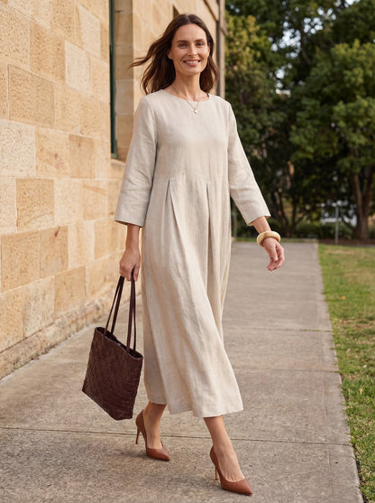 Damen-Midikleid aus Leinen mit U-Boot-Ausschnitt und Falten-Midi Dress-Alpenkind