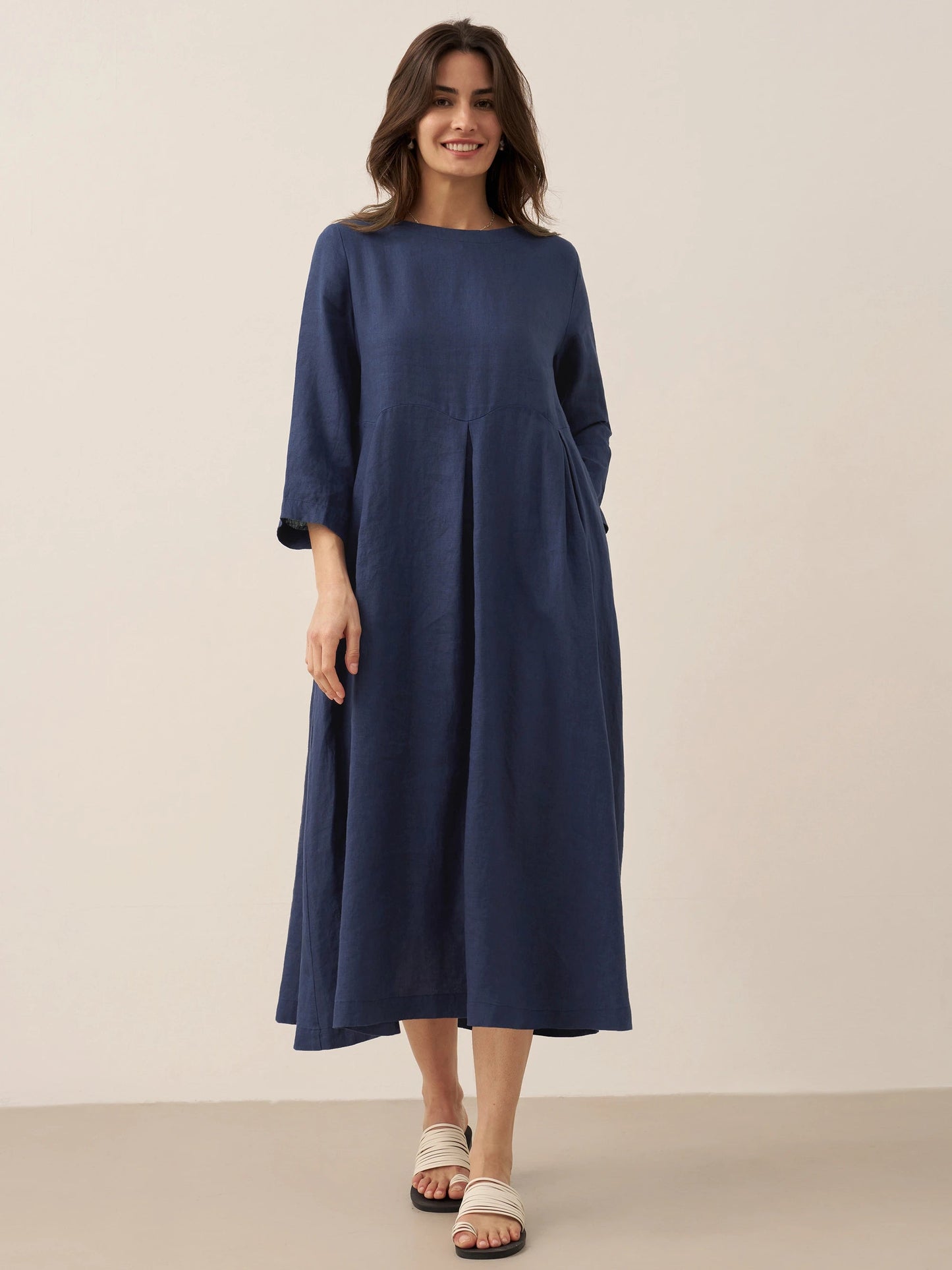 Damen-Midikleid aus Leinen mit U-Boot-Ausschnitt und Falten-Midi Dress-Alpenkind