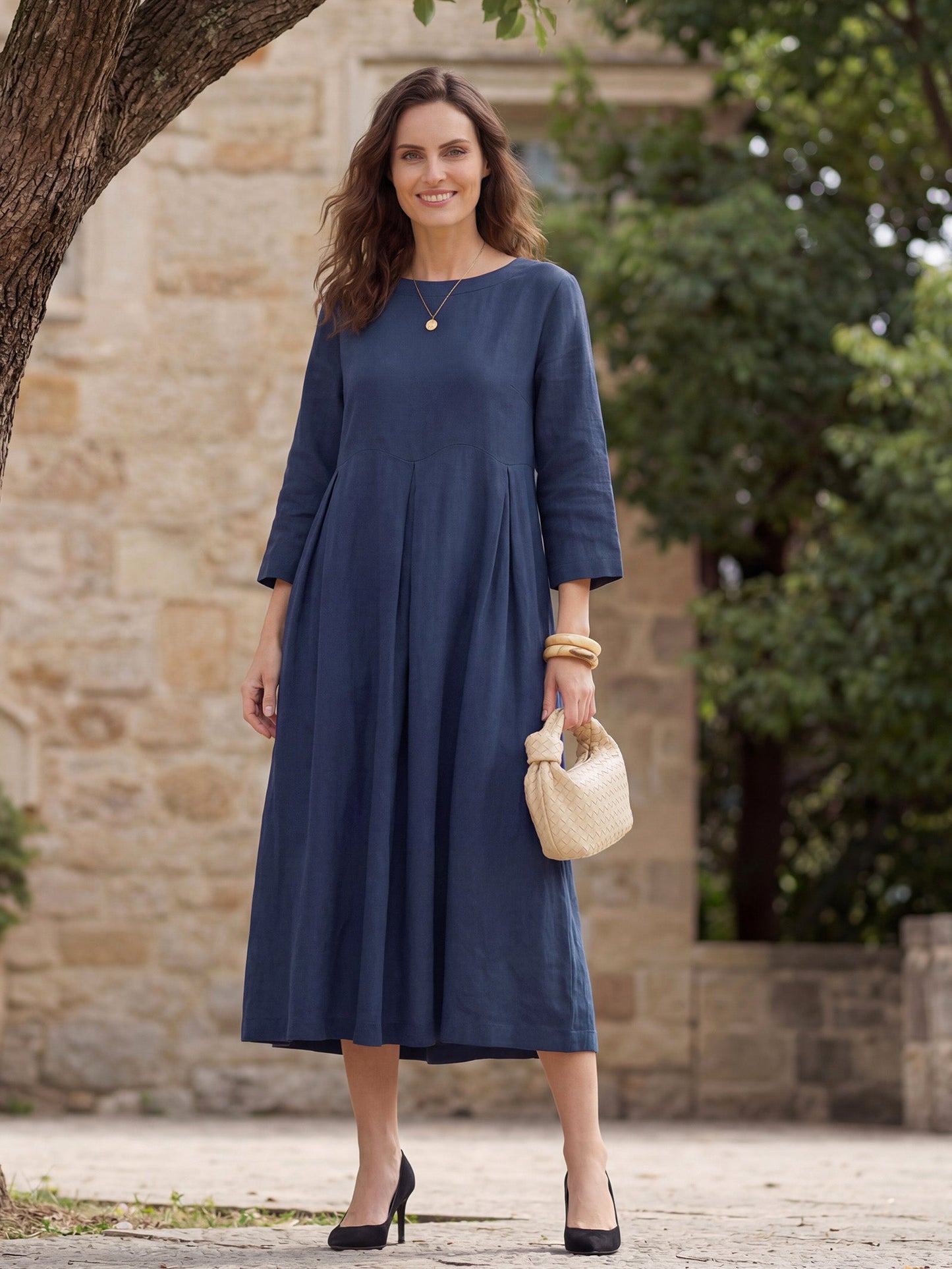 Damen-Midikleid aus Leinen mit U-Boot-Ausschnitt und Falten-Midi Dress-Alpenkind