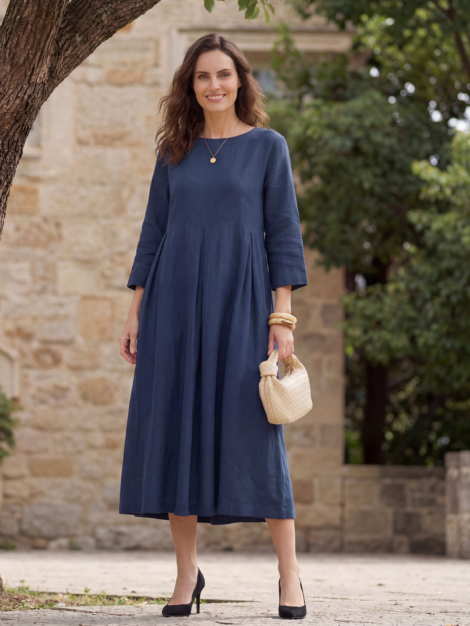 Damen-Midikleid aus Leinen mit U-Boot-Ausschnitt und Falten-Midi Dress-Alpenkind