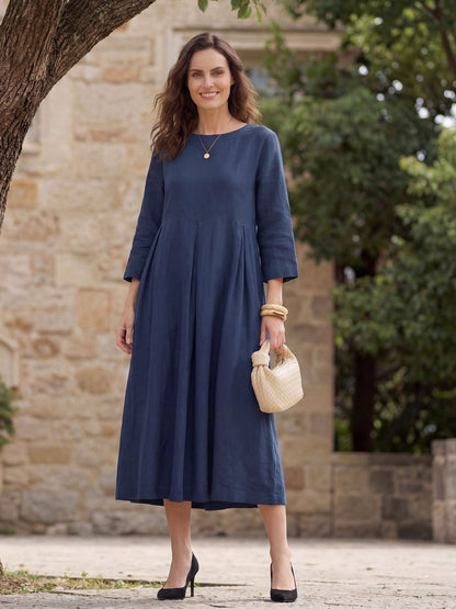 Damen-Midikleid aus Leinen mit U-Boot-Ausschnitt und Falten-Midi Dress-Alpenkind