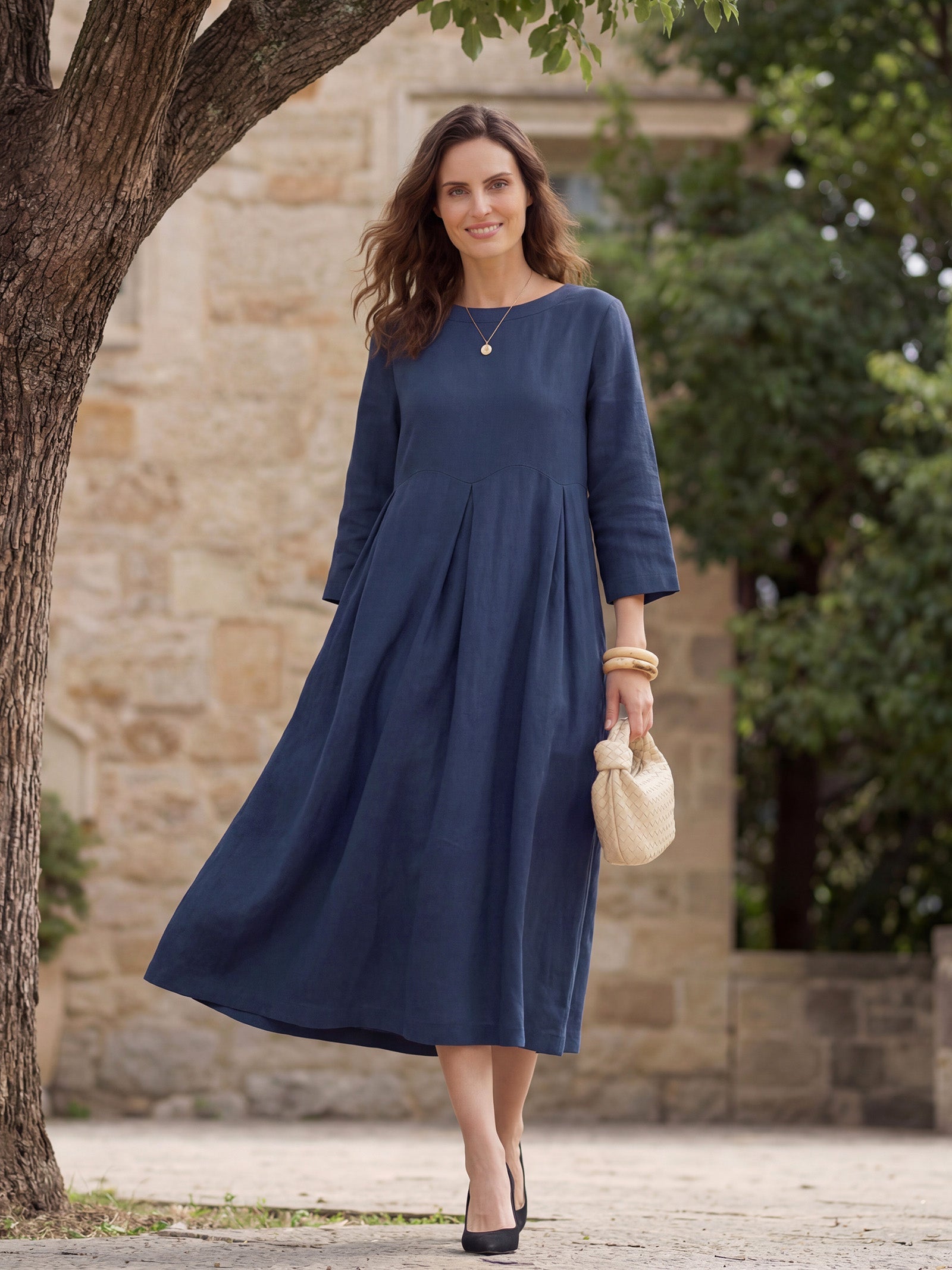 Damen-Midikleid aus Leinen mit U-Boot-Ausschnitt und Falten-Midi Dress-Alpenkind