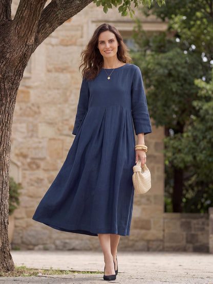 Damen-Midikleid aus Leinen mit U-Boot-Ausschnitt und Falten-Midi Dress-Alpenkind