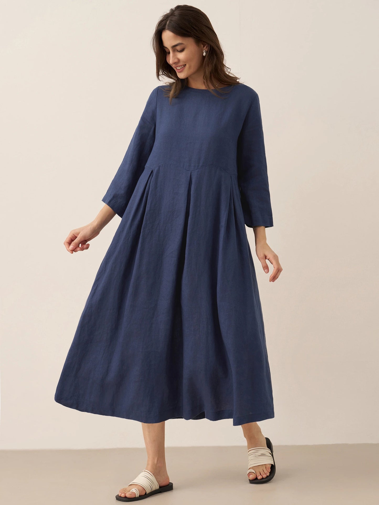 Damen-Midikleid aus Leinen mit U-Boot-Ausschnitt und Falten-Midi Dress-Alpenkind