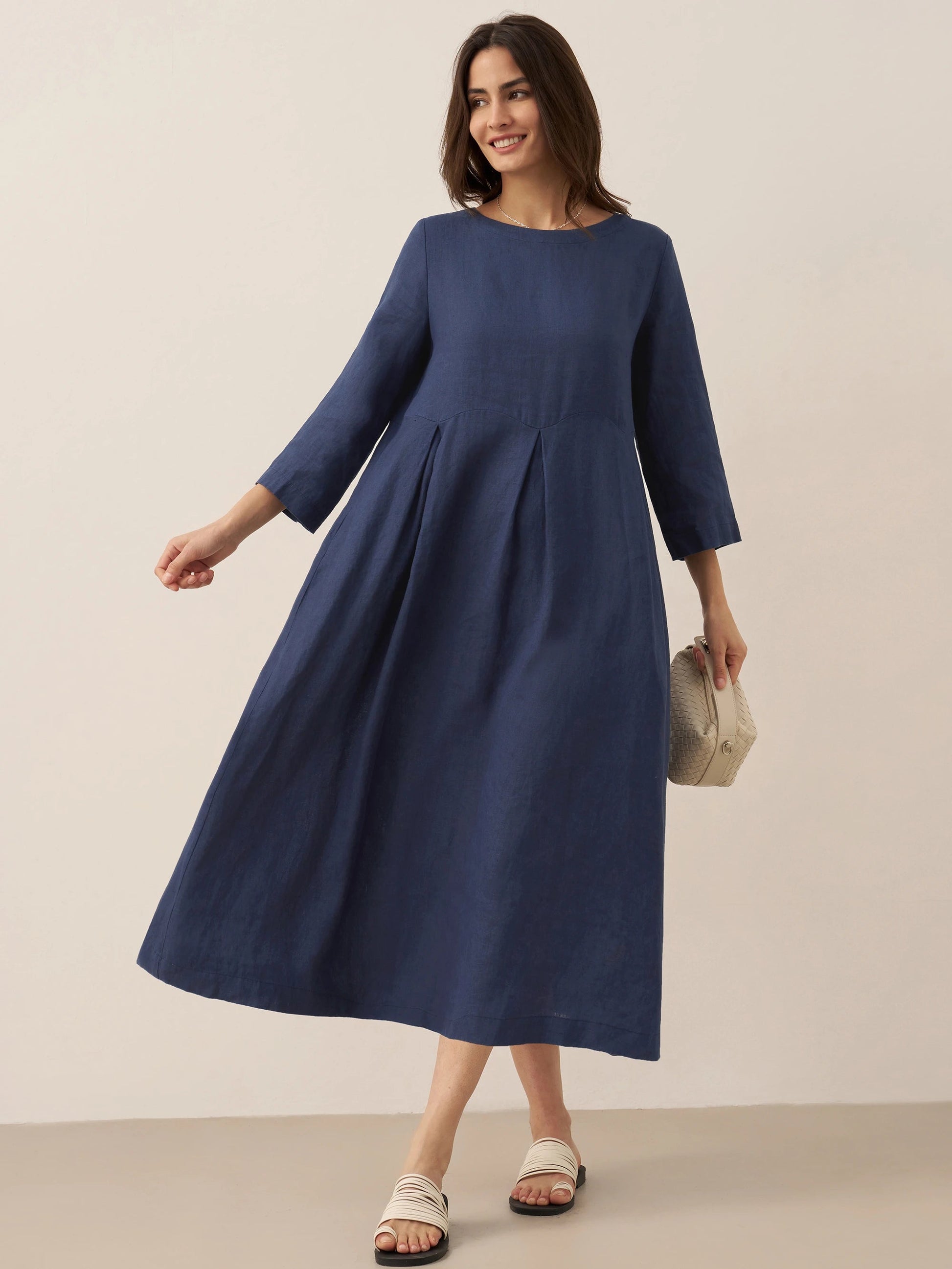 Damen-Midikleid aus Leinen mit U-Boot-Ausschnitt und Falten-Midi Dress-Alpenkind