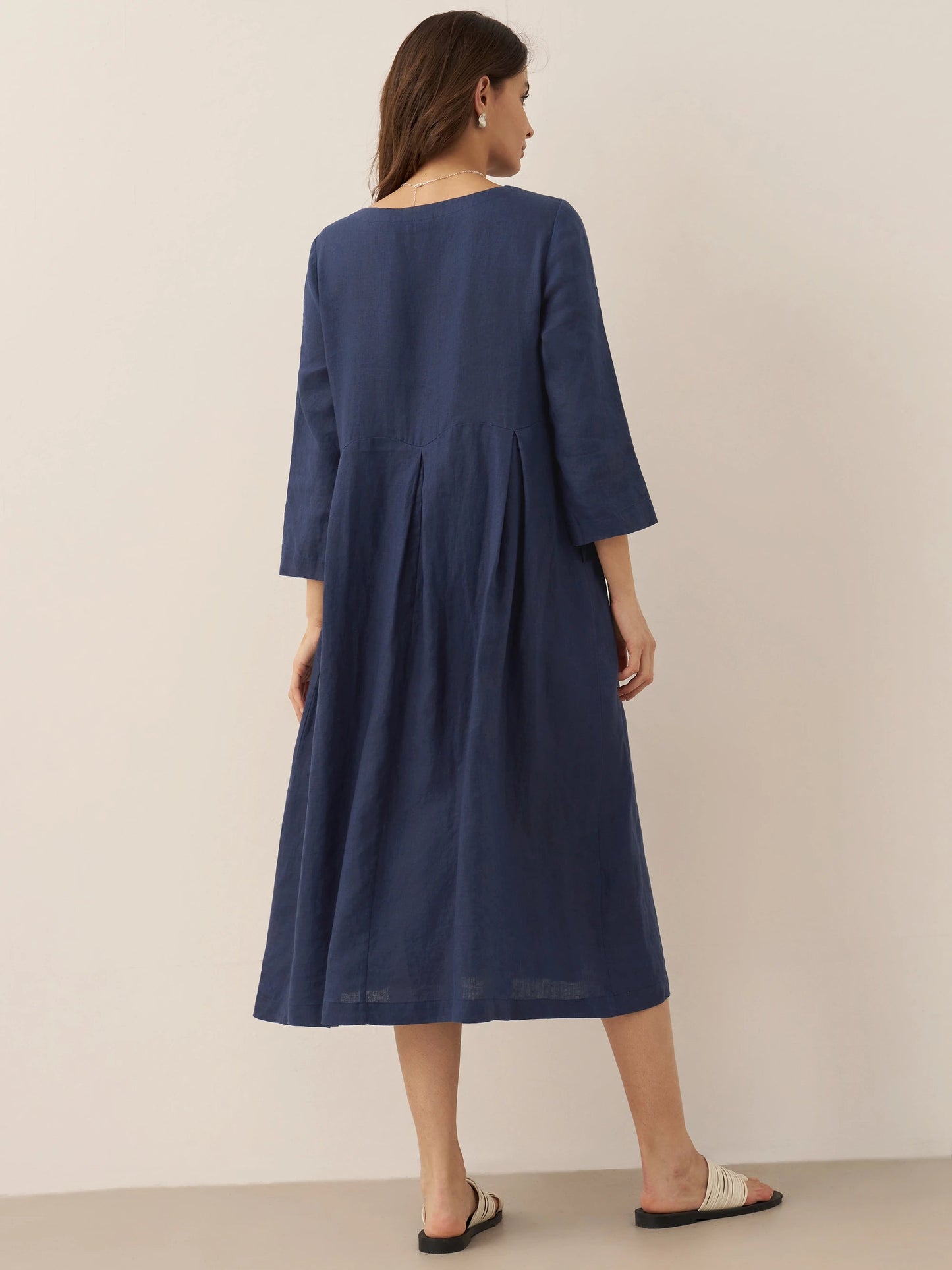 Damen-Midikleid aus Leinen mit U-Boot-Ausschnitt und Falten-Midi Dress-Alpenkind