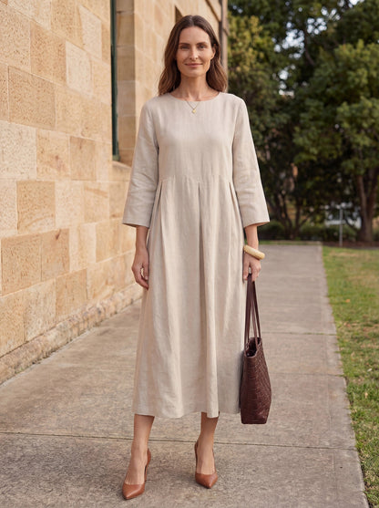 Damen-Midikleid aus Leinen mit U-Boot-Ausschnitt und Falten-Midi Dress-Alpenkind