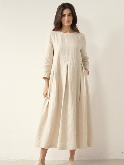 Damen-Midikleid aus Leinen mit U-Boot-Ausschnitt und Falten-Midi Dress-Alpenkind