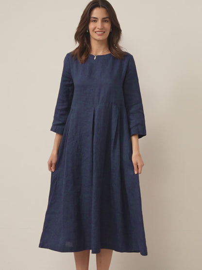 Damen-Midikleid aus Leinen mit U-Boot-Ausschnitt und Falten-Midi Dress-Alpenkind