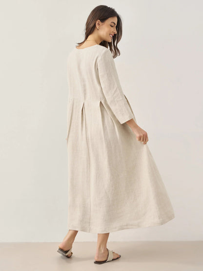 Damen-Midikleid aus Leinen mit U-Boot-Ausschnitt und Falten-Midi Dress-Alpenkind