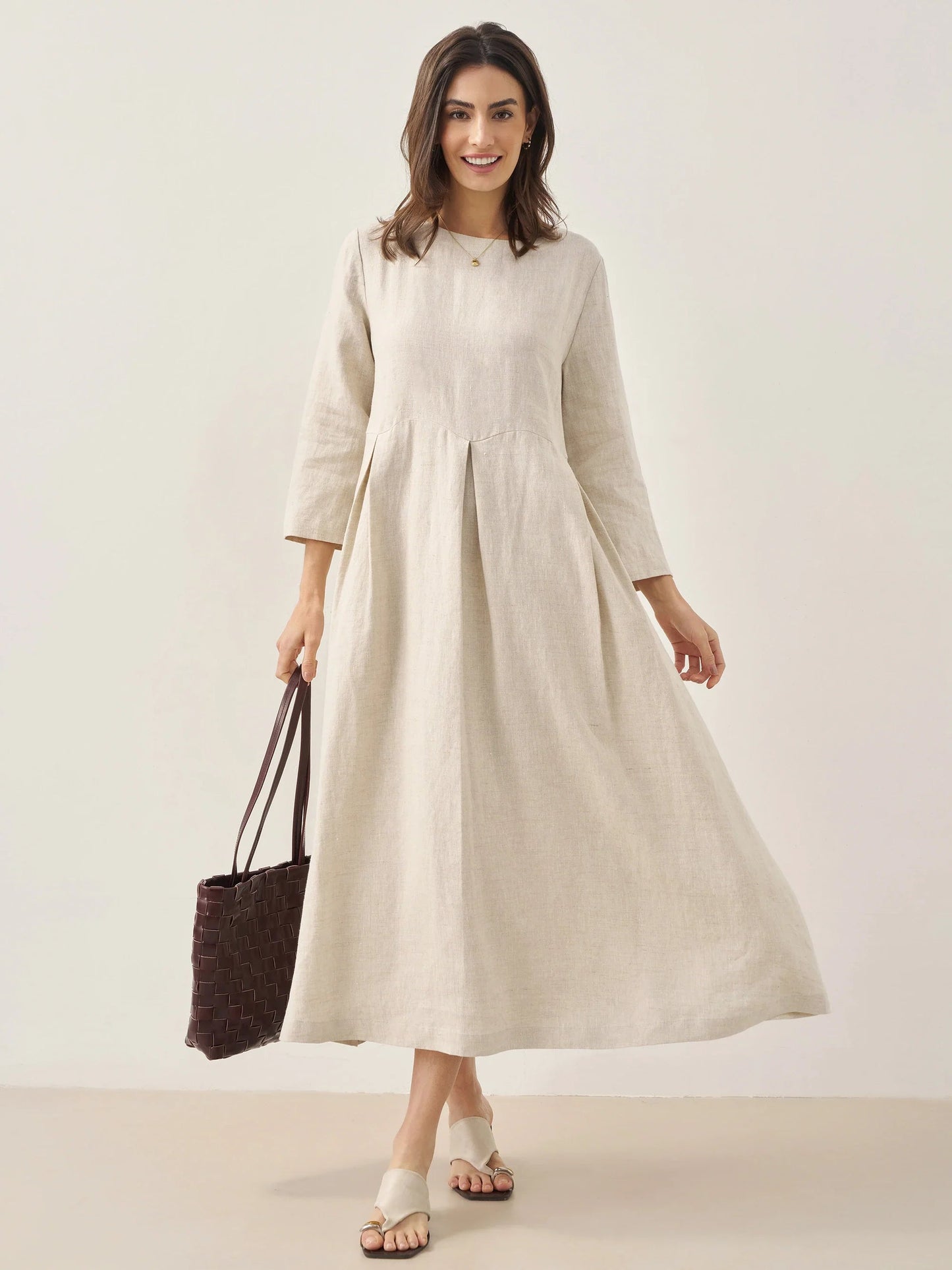 Damen-Midikleid aus Leinen mit U-Boot-Ausschnitt und Falten-Midi Dress-Alpenkind