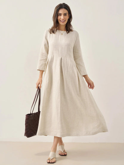 Damen-Midikleid aus Leinen mit U-Boot-Ausschnitt und Falten-Midi Dress-Alpenkind