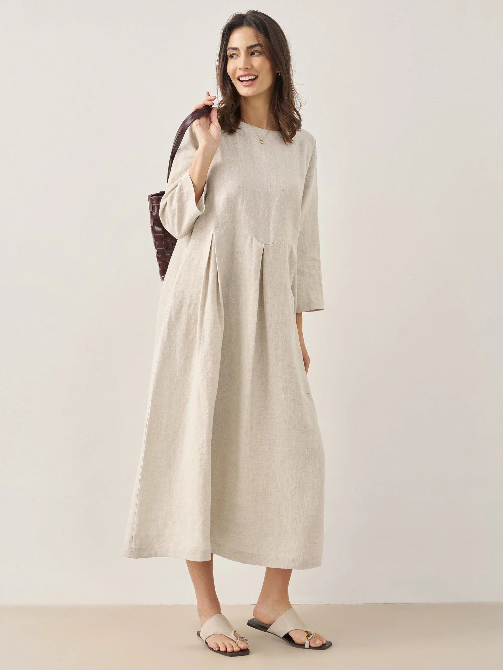 Damen-Midikleid aus Leinen mit U-Boot-Ausschnitt und Falten-Midi Dress-Alpenkind