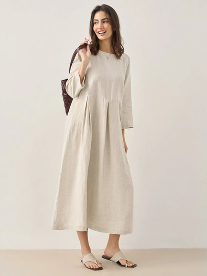 Damen-Midikleid aus Leinen mit U-Boot-Ausschnitt und Falten-Midi Dress-Alpenkind
