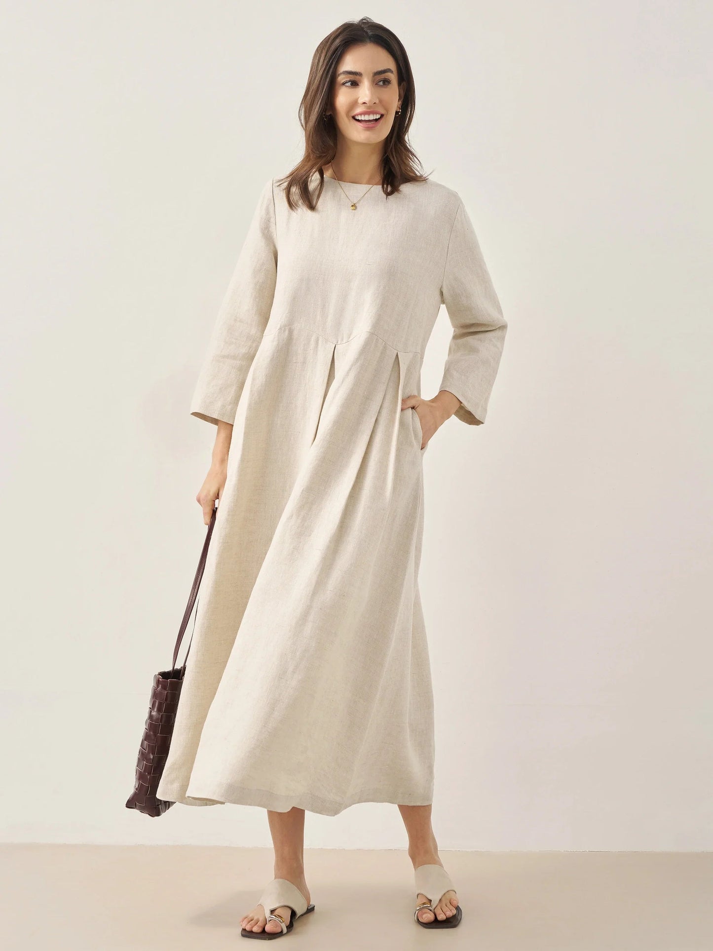 Damen-Midikleid aus Leinen mit U-Boot-Ausschnitt und Falten-Midi Dress-Alpenkind