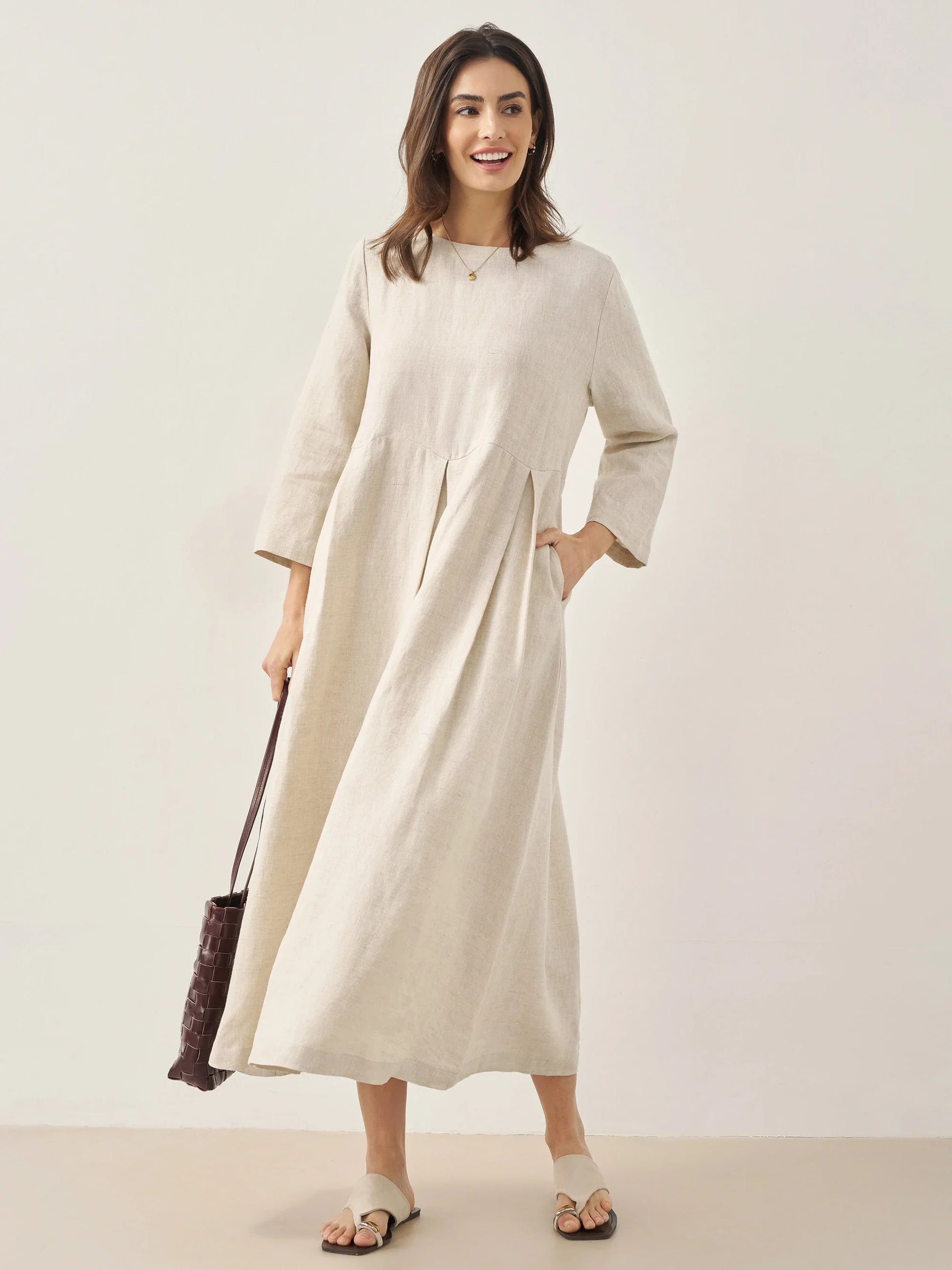 Damen-Midikleid aus Leinen mit U-Boot-Ausschnitt und Falten-Midi Dress-Alpenkind