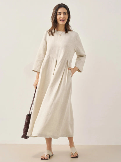 Damen-Midikleid aus Leinen mit U-Boot-Ausschnitt und Falten-Midi Dress-Alpenkind