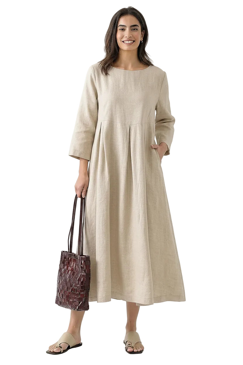 Damen-Midikleid aus Leinen mit U-Boot-Ausschnitt und Falten-Midi Dress-Alpenkind
