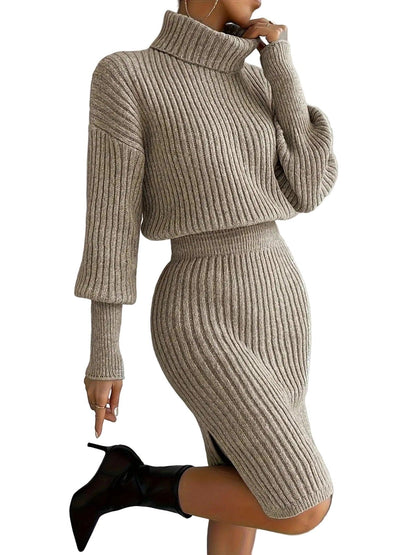 Damen Midikleid aus Rippstrick mit Stehkragen und Langarm-Midi Dress-Alpenkind