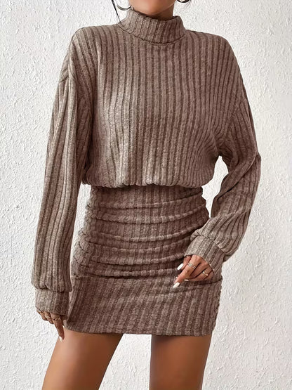 Damen Midikleid aus Rippstrick mit Stehkragen und Langarm-Midi Dress-Alpenkind