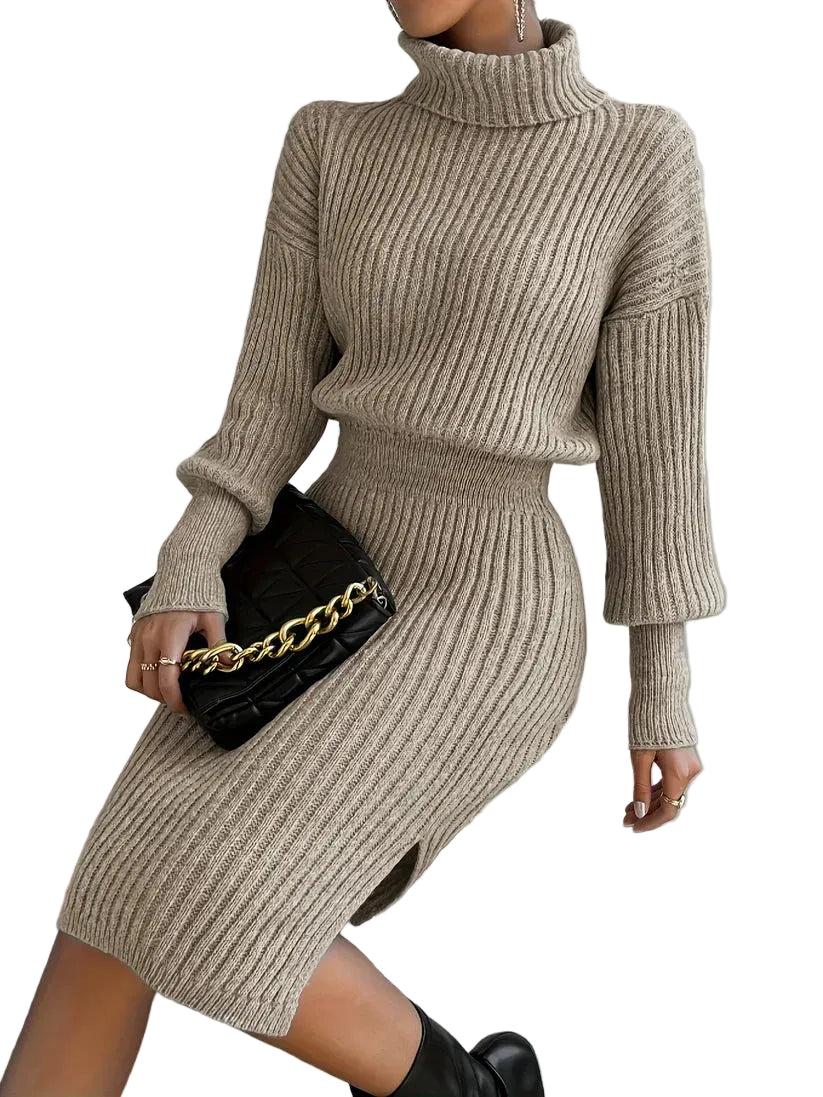 Damen Midikleid aus Rippstrick mit Stehkragen und Langarm-Midi Dress-Alpenkind