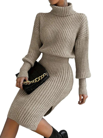 Damen Midikleid aus Rippstrick mit Stehkragen und Langarm-Midi Dress-Alpenkind