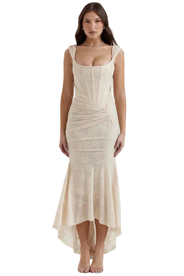 Damen Midikleid aus Spitze mit Raffung an der Taille und asymmetrischem Saum-Midi Dress-Alpenkind