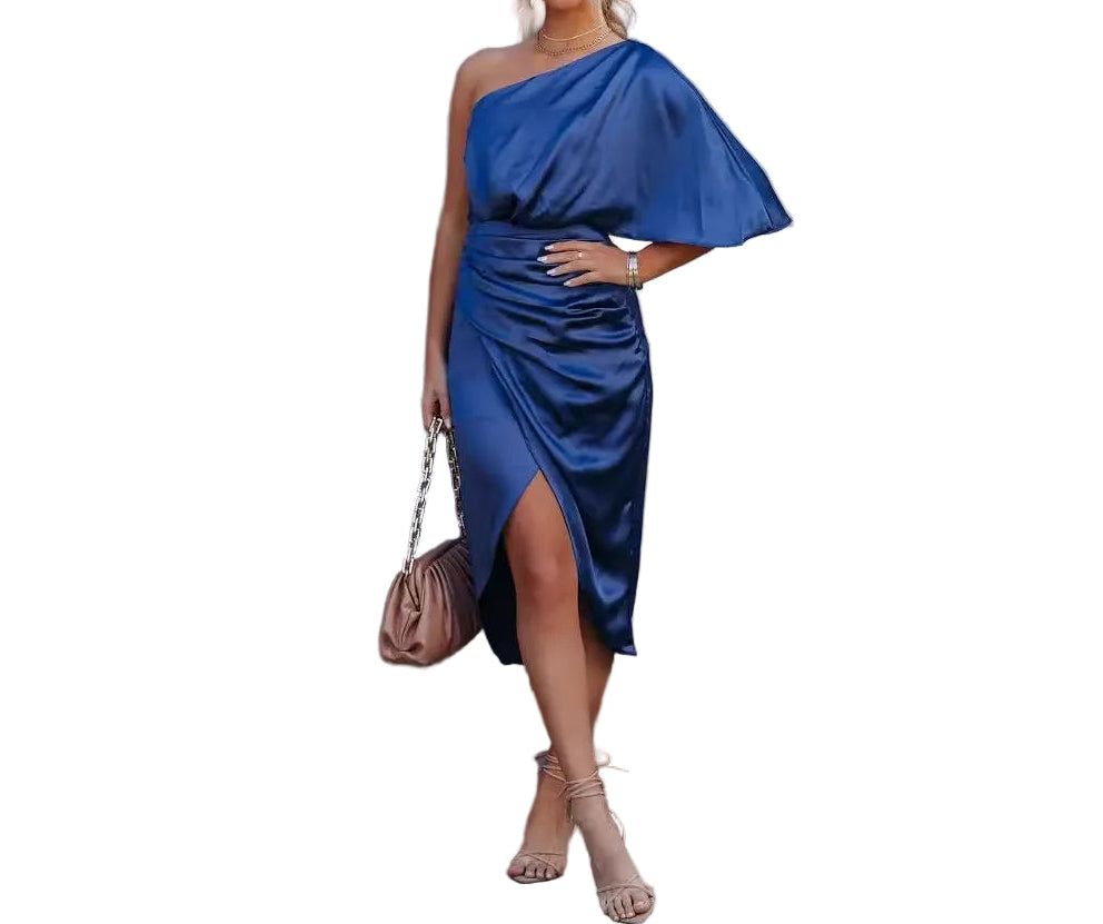 Damen Midikleid mit asymmetrischem Ausschnitt und Drapierung-Midi Dress-Alpenkind