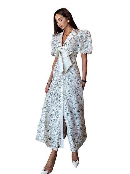 Damen Midikleid mit Blumenmuster, Puffärmeln und Taillenschleife-Midi Dress-Alpenkind