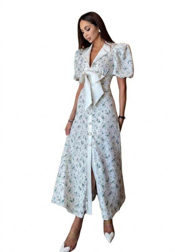 Damen Midikleid mit Blumenmuster, Puffärmeln und Taillenschleife-Midi Dress-Alpenkind