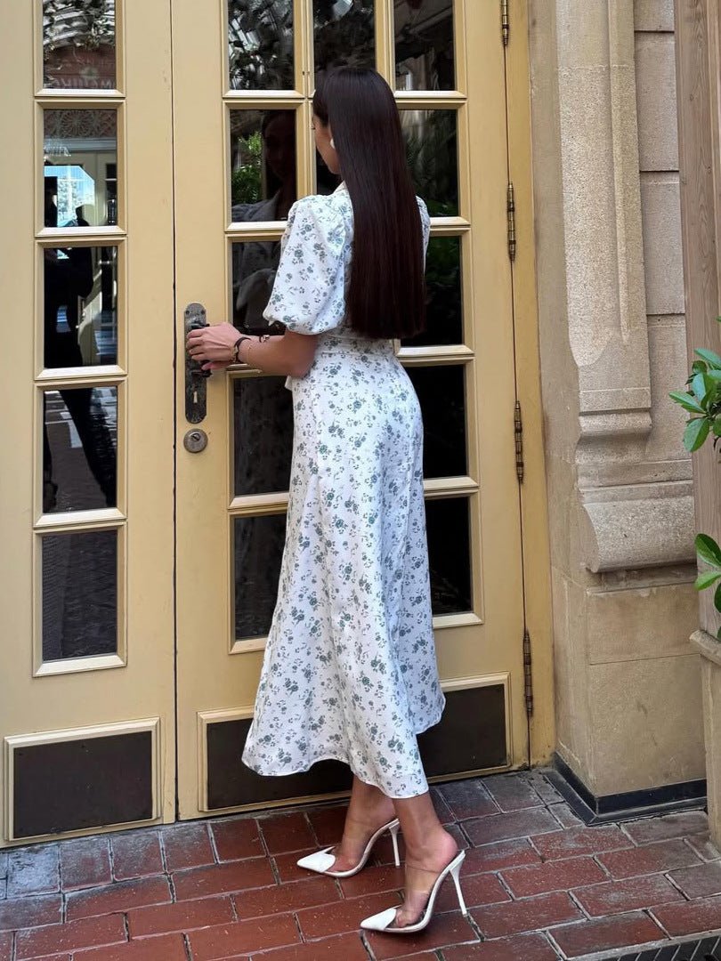 Damen Midikleid mit Blumenmuster, Puffärmeln und Taillenschleife-Midi Dress-Alpenkind