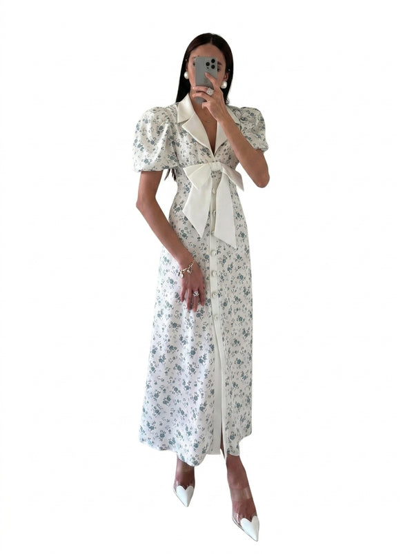 Damen Midikleid mit Blumenmuster, Puffärmeln und Taillenschleife-Midi Dress-Alpenkind