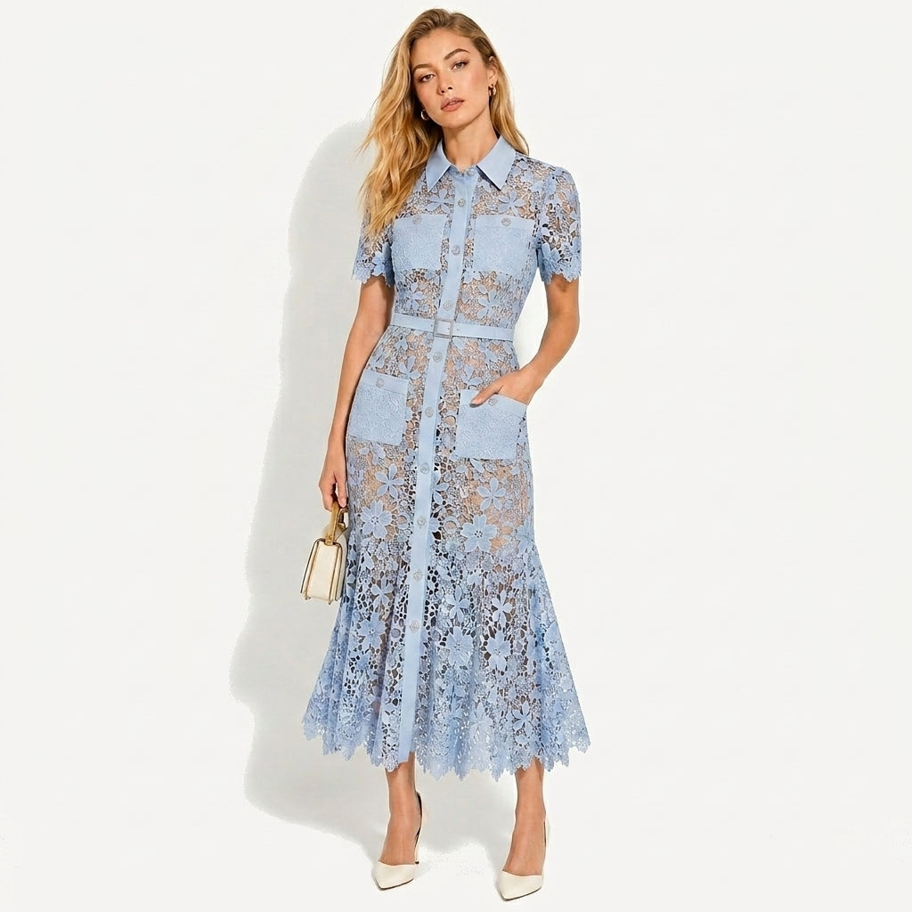 Damen Midikleid mit Blumenmuster und Gürtel und Taschen-Midi Dress-Alpenkind