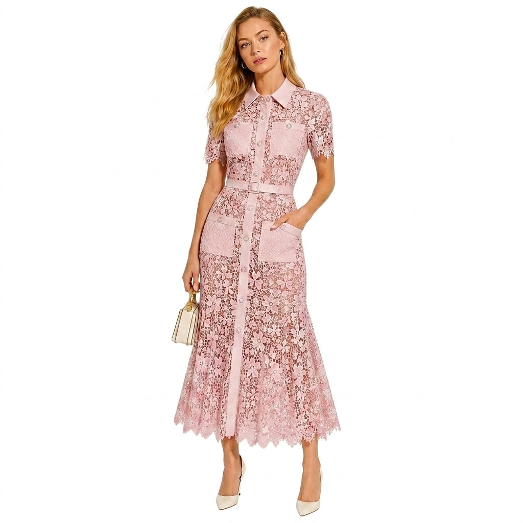 Damen Midikleid mit Blumenmuster und Gürtel und Taschen-Midi Dress-Alpenkind