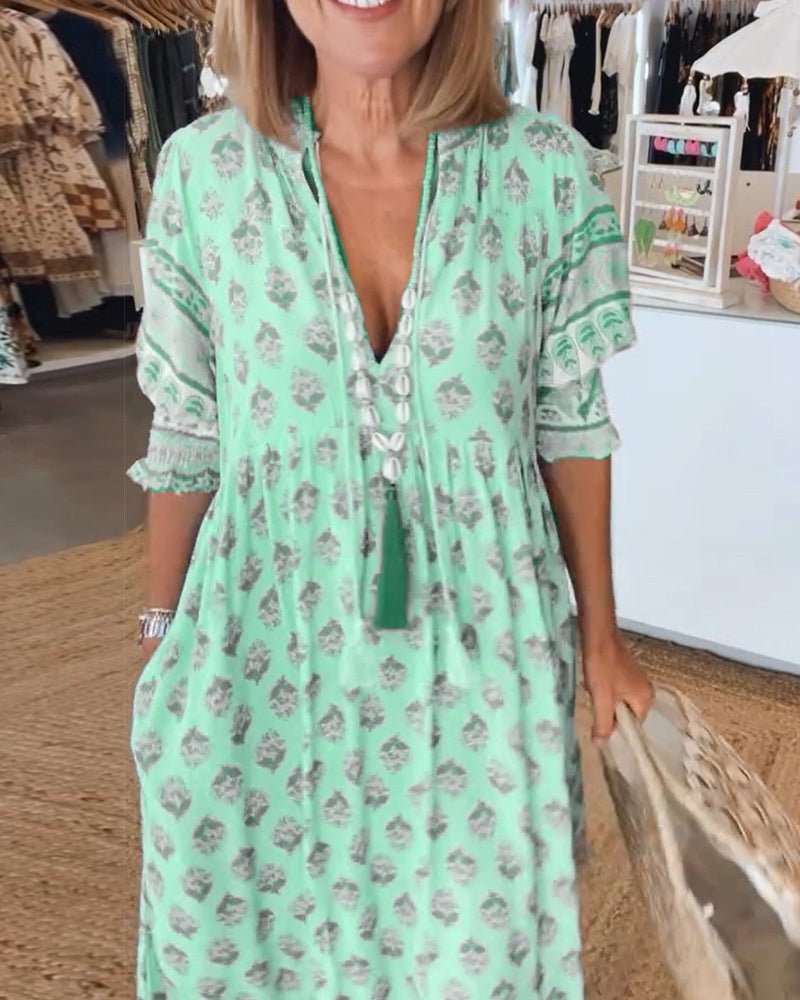 Damen-Midikleid mit Blumenmuster und V-Ausschnitt-Midi Dress-Alpenkind