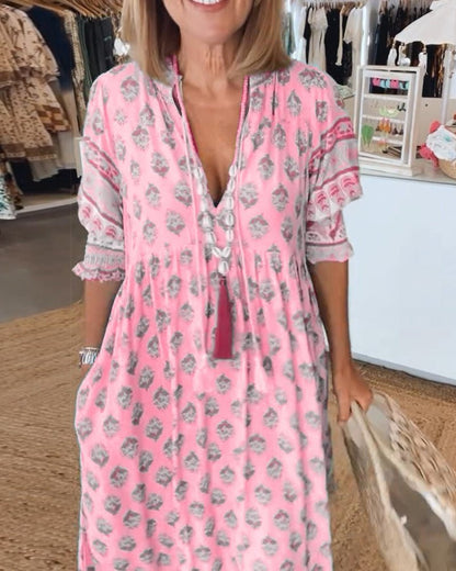 Damen-Midikleid mit Blumenmuster und V-Ausschnitt-Midi Dress-Alpenkind