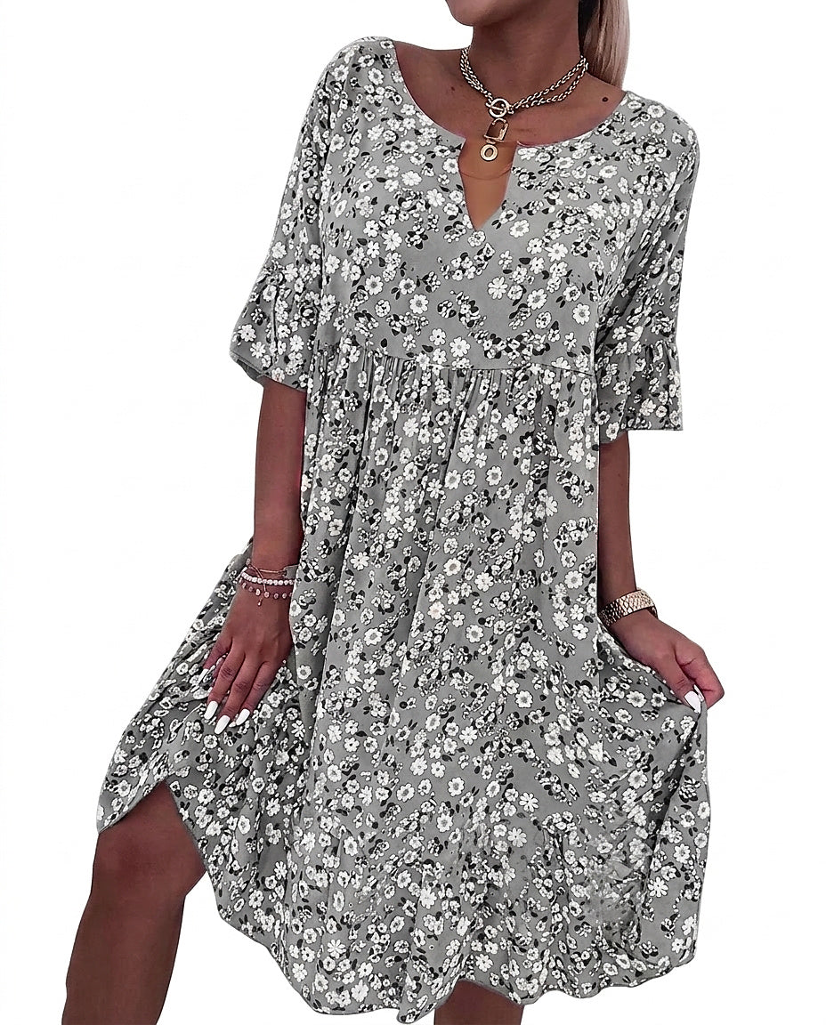 Damen-Midikleid mit Blumenmuster und V-Ausschnitt-Mini Dress-Alpenkind