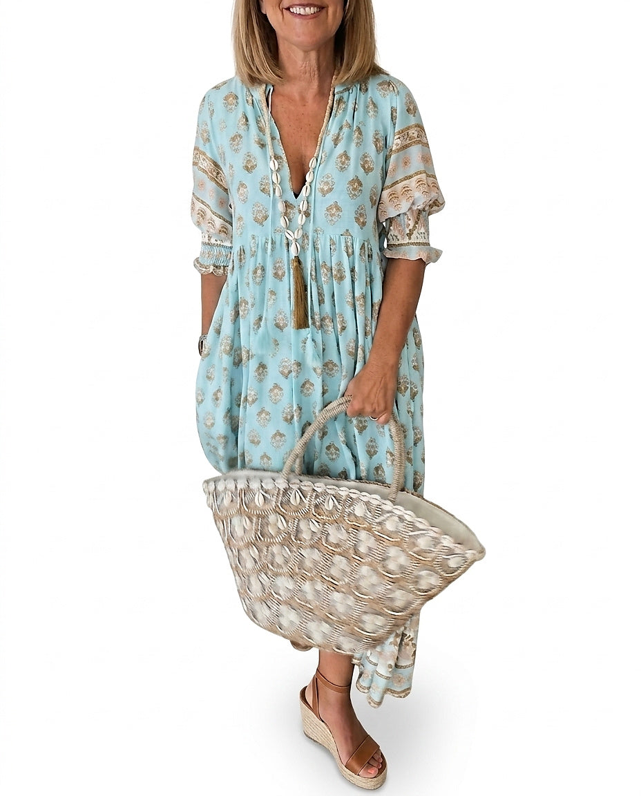 Damen-Midikleid mit Blumenmuster und V-Ausschnitt-Midi Dress-Alpenkind