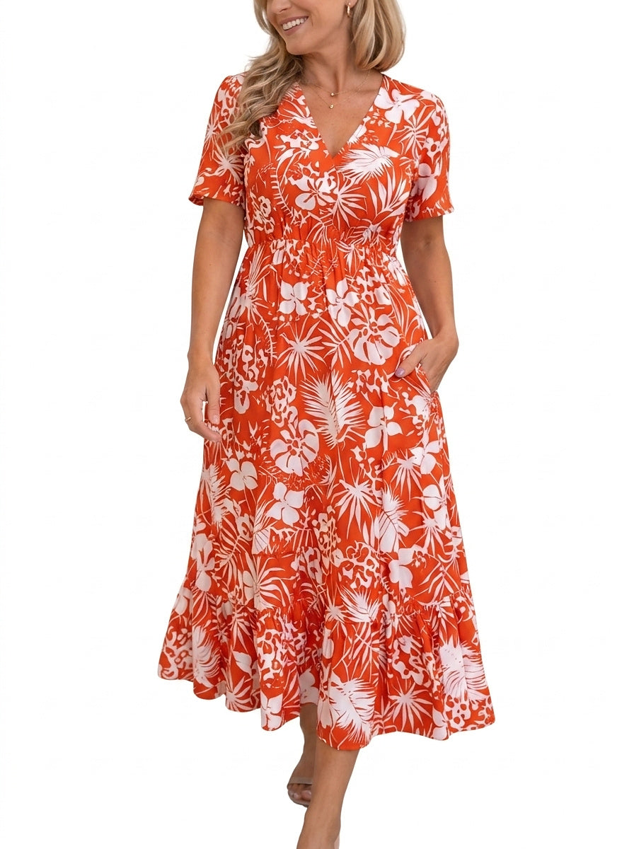 Damen Midikleid mit Blumenmuster und V-Ausschnitt-Midi Dress-Alpenkind