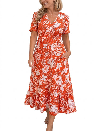 Damen Midikleid mit Blumenmuster und V-Ausschnitt-Midi Dress-Alpenkind