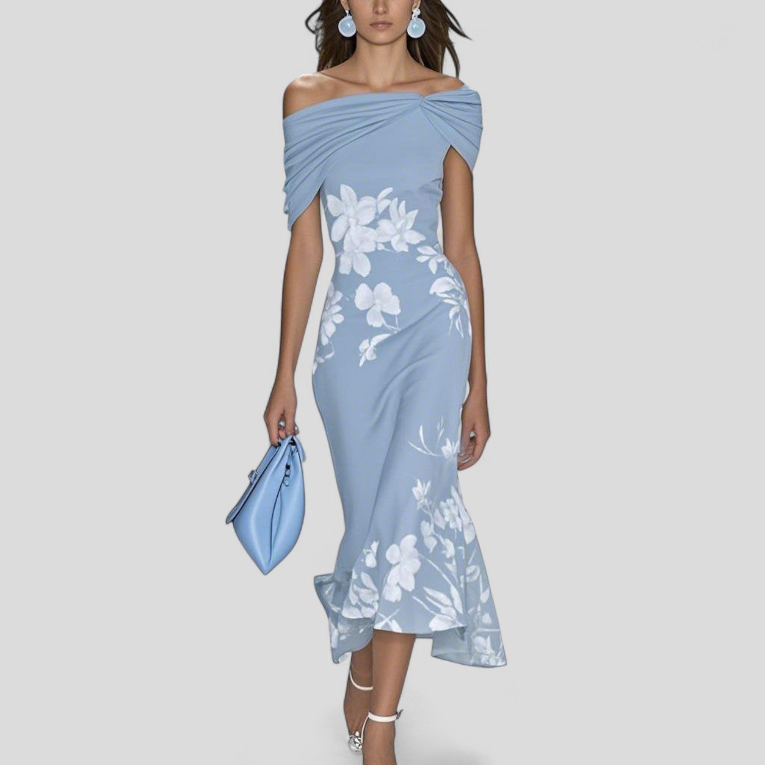 Damen Midikleid mit Carmenausschnitt und Blumenmuster-Midi Dress-Alpenkind