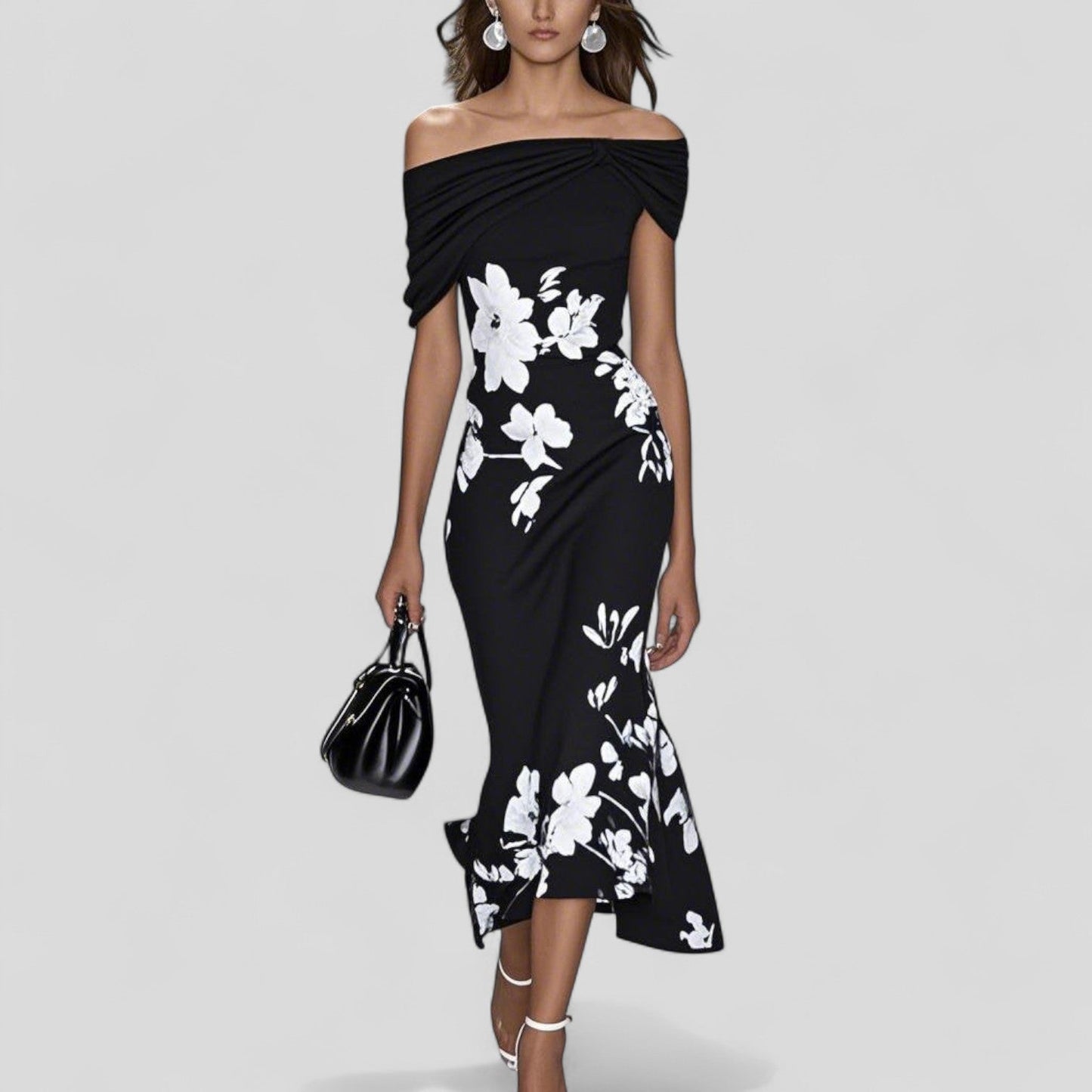Damen Midikleid mit Carmenausschnitt und Blumenmuster-Midi Dress-Alpenkind