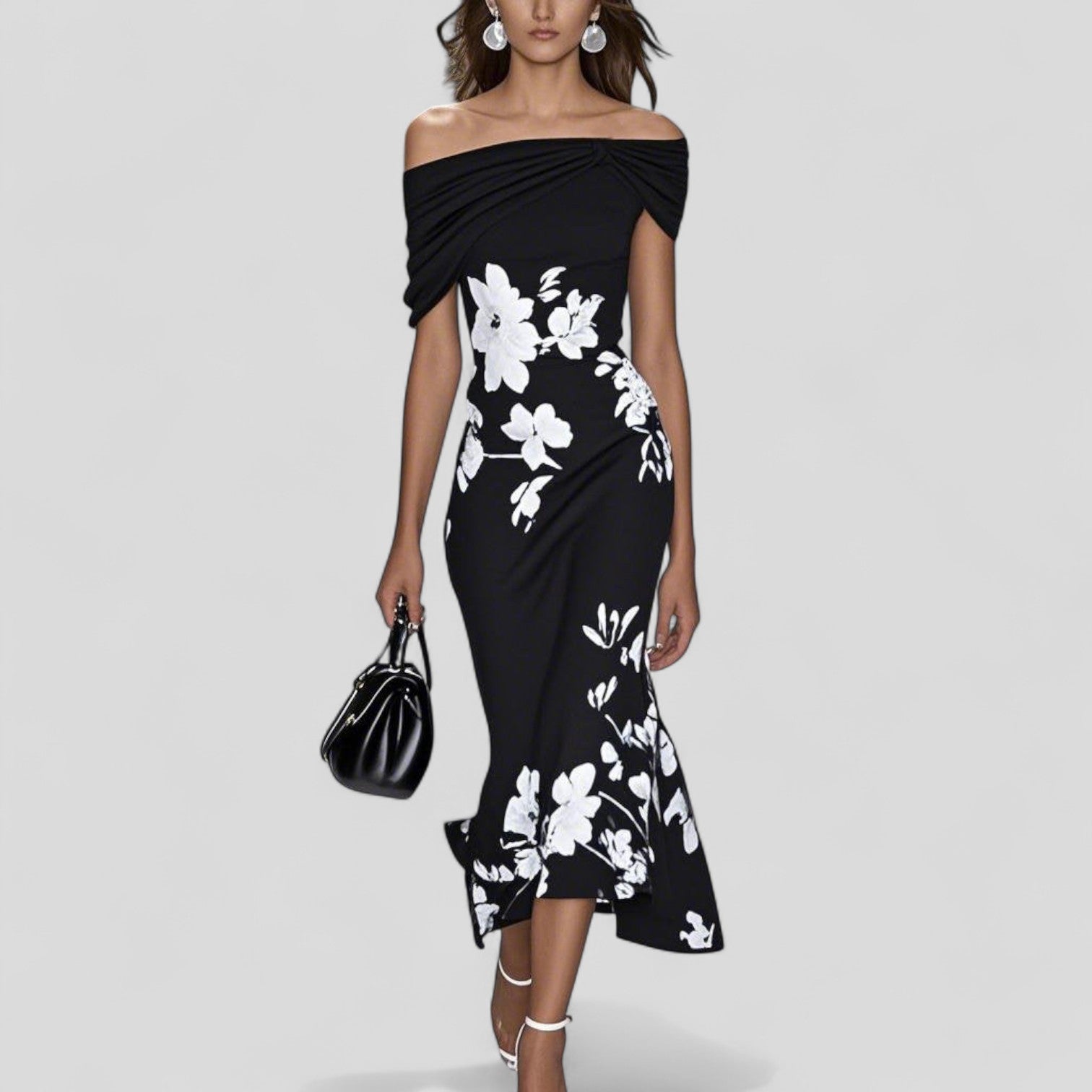 Damen Midikleid mit Carmenausschnitt und Blumenmuster-Midi Dress-Alpenkind