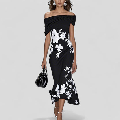Damen Midikleid mit Carmenausschnitt und Blumenmuster-Midi Dress-Alpenkind