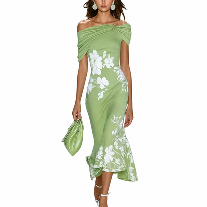 Damen Midikleid mit Carmenausschnitt und Blumenmuster-Midi Dress-Alpenkind