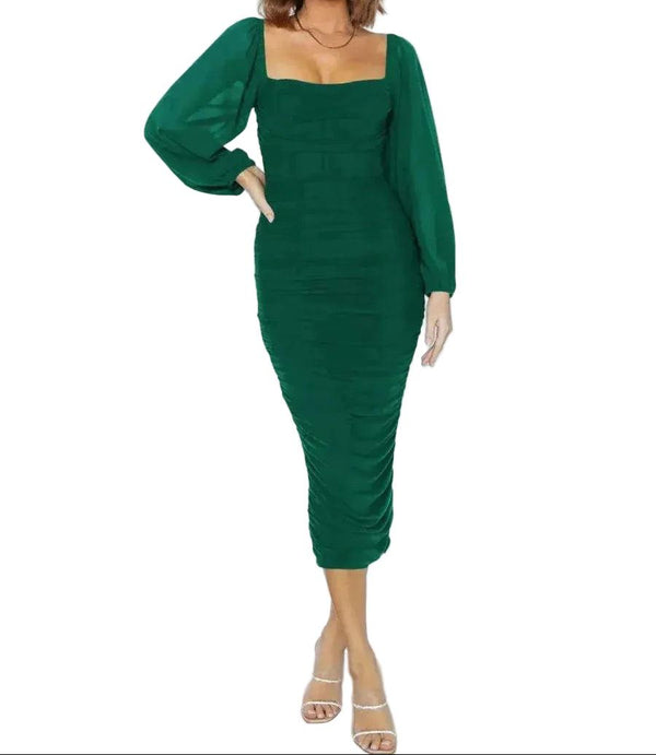 Damen Midikleid mit eckigem Ausschnitt und langen Ballonärmeln-Midi Dress-Alpenkind