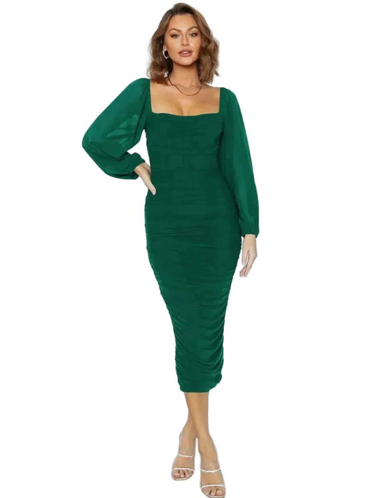 Damen Midikleid mit eckigem Ausschnitt und langen Ballonärmeln-Women Dress-Alpenkind